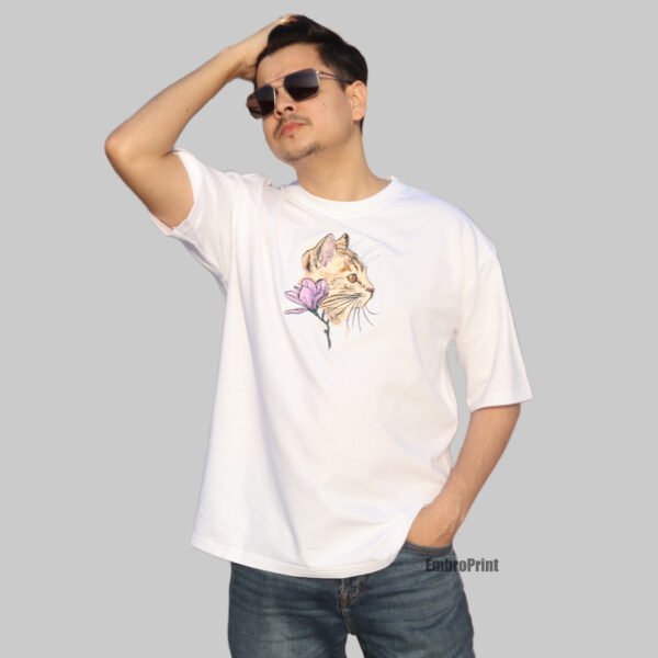 The Cat and The Flower Embroidered Oversized White Unisex Tshirt