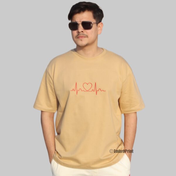 HeartBeat Embroidered Oversized Beige Unisex Tshirt - Image 5