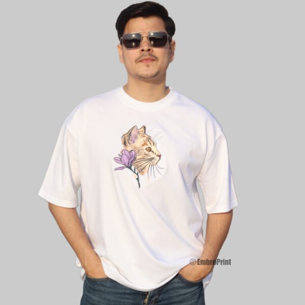 The Cat and The Flower Embroidered Oversized White Unisex Tshirt - Image 7