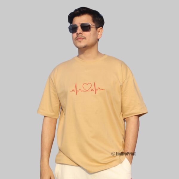 HeartBeat Embroidered Oversized Beige Unisex Tshirt - Image 4