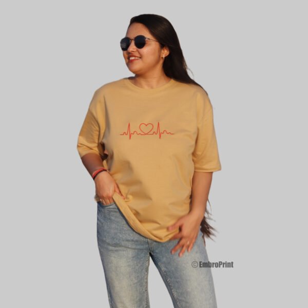 HeartBeat Embroidered Oversized Beige Unisex Tshirt - Image 3