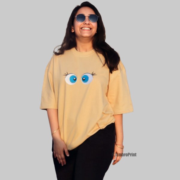 Looking Eyes Embroidered Oversized Beige Unisex Tshirt