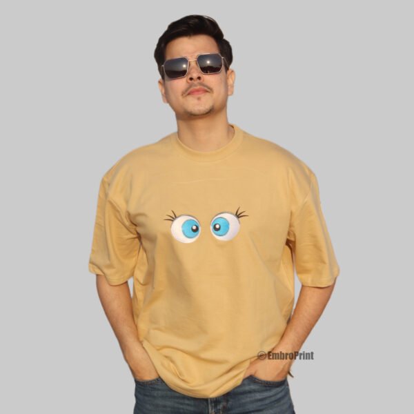 Looking Eyes Embroidered Oversized Beige Unisex Tshirt - Image 6
