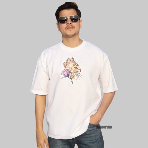 The Cat and The Flower Embroidered Oversized White Unisex Tshirt - Image 4