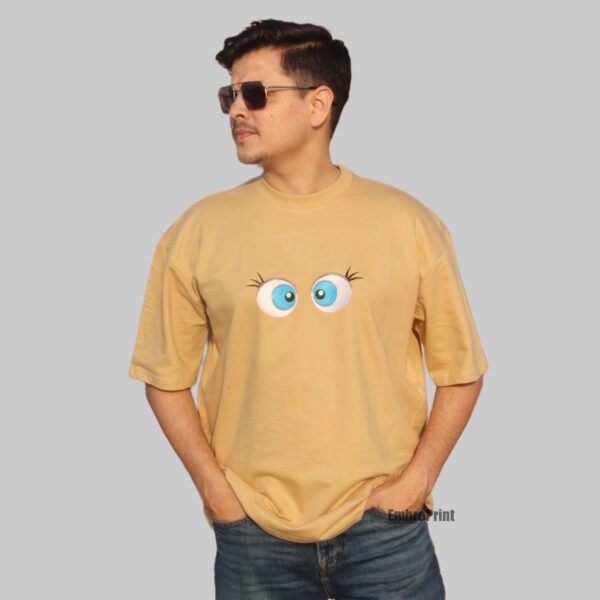 Looking Eyes Embroidered Oversized Beige Unisex Tshirt - Image 5