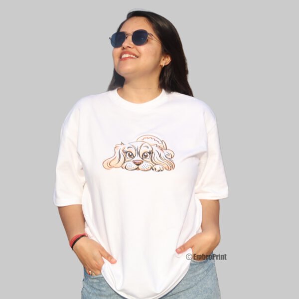 Baby Dog Embroidered Oversized White Unisex Tshirt