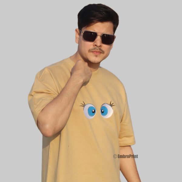 Looking Eyes Embroidered Oversized Beige Unisex Tshirt - Image 3