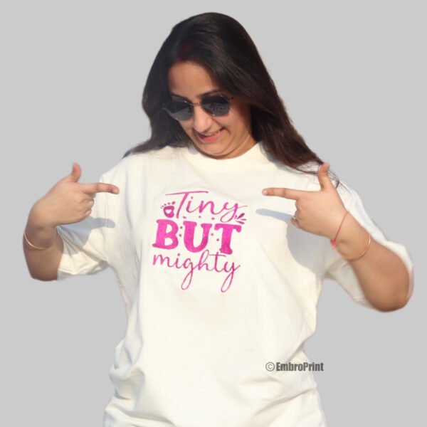 Tiny But Mighty Embroidered Oversized Off-White Unisex Tshirt