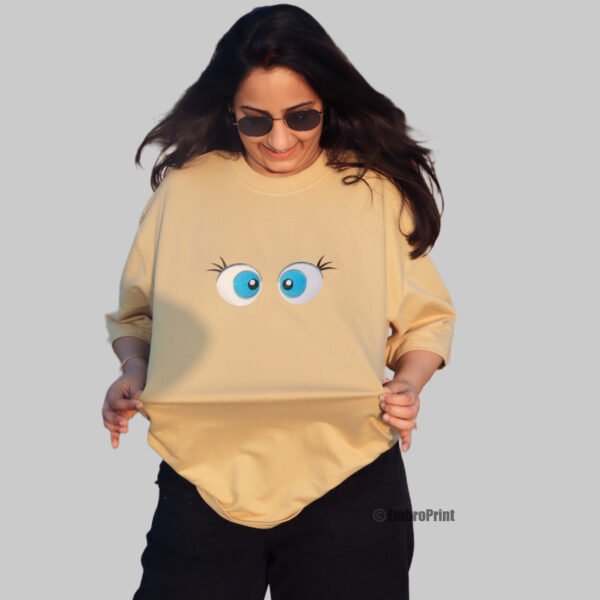 Looking Eyes Embroidered Oversized Beige Unisex Tshirt - Image 4