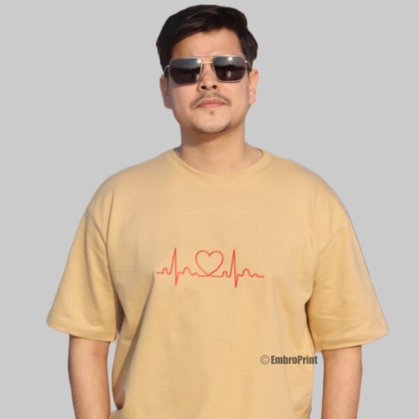 HeartBeat Embroidered Oversized Beige Unisex Tshirt - Image 7
