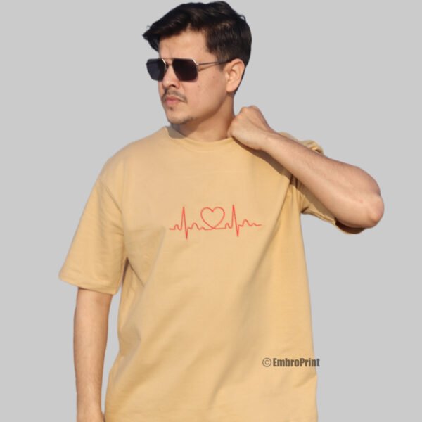 HeartBeat Embroidered Oversized Beige Unisex Tshirt