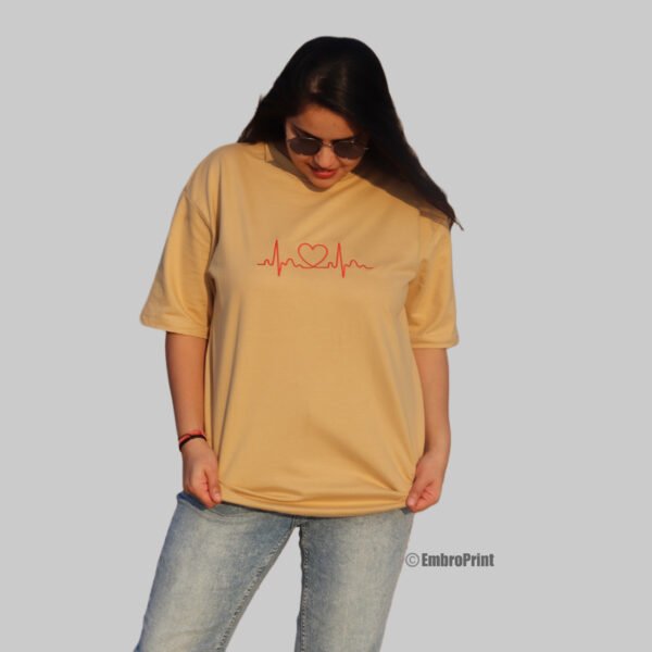 HeartBeat Embroidered Oversized Beige Unisex Tshirt - Image 6