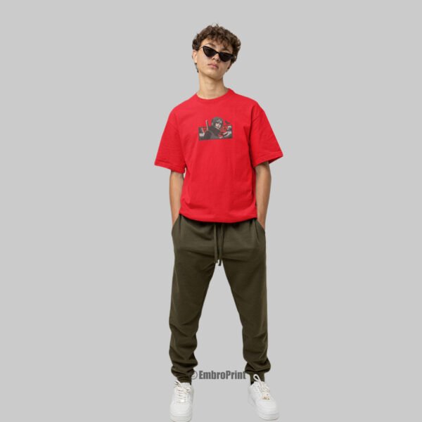 Uchiha Itachi Red Moon Embroidered Oversized Red Unisex Tshirt - Image 4