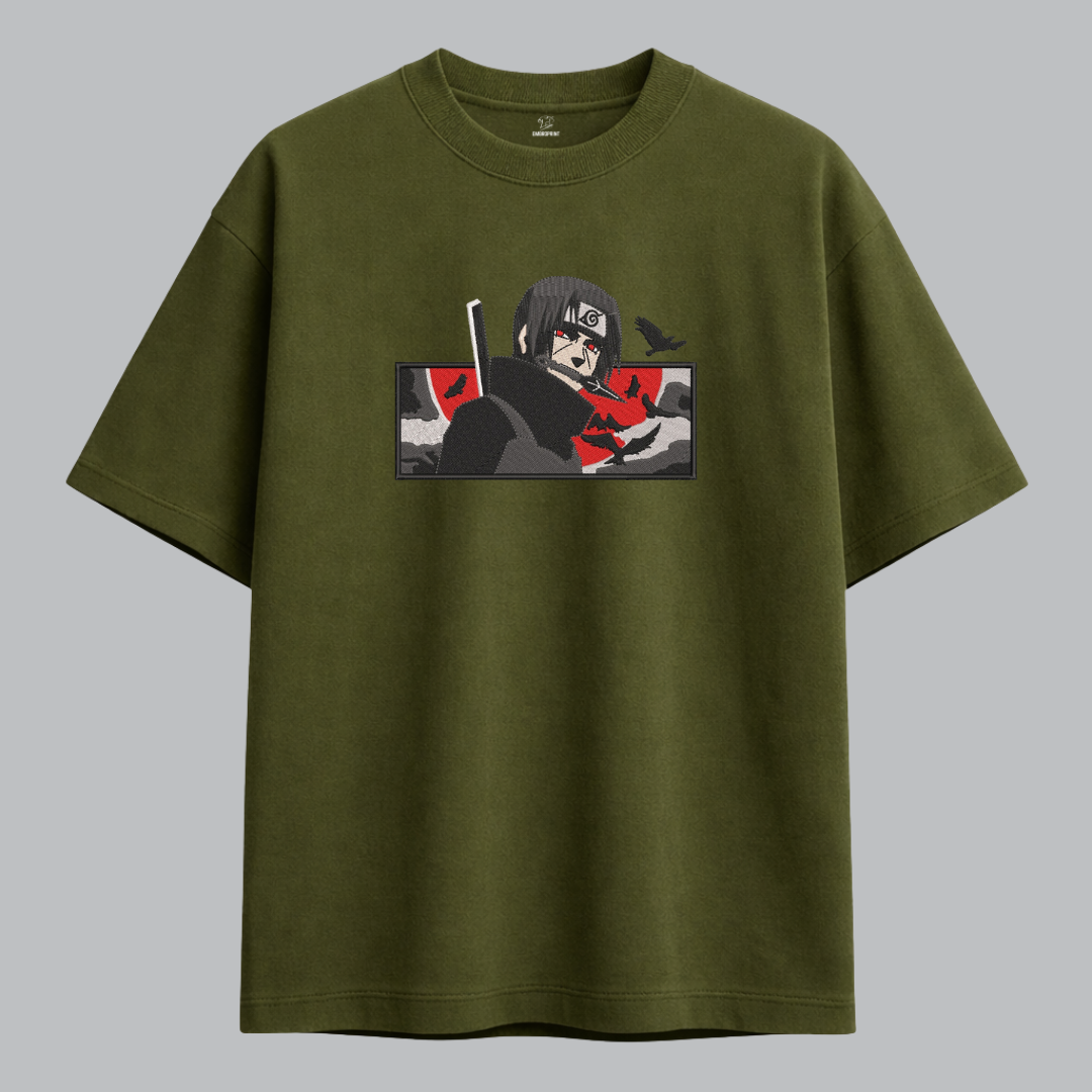 Uchiha Itachi Red Moon Embroidered Oversized Red Unisex Tshirt - Image 5